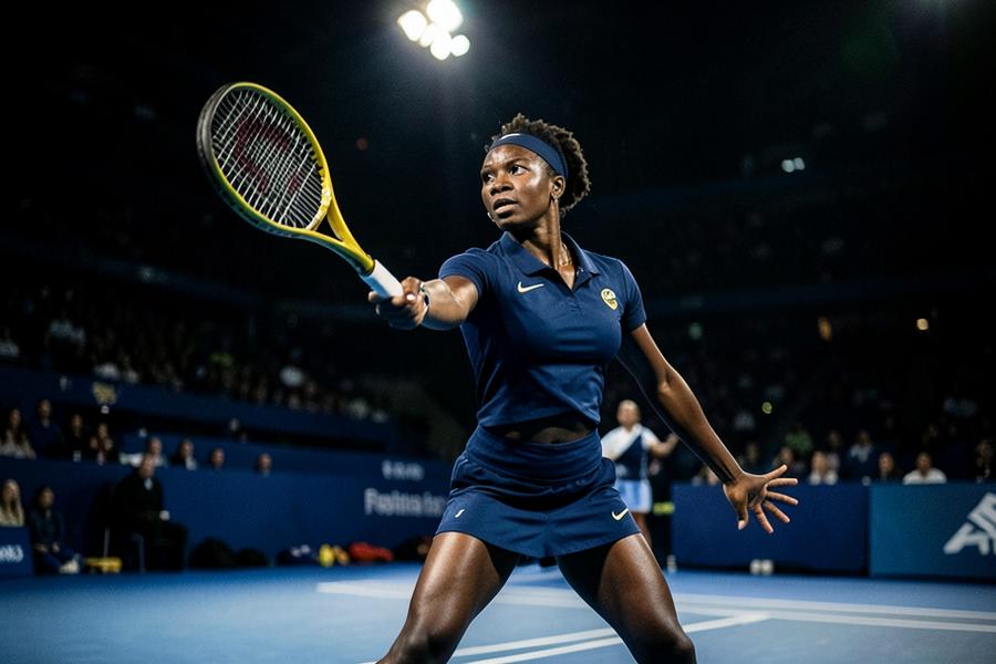 Black African female tennis player competing under stadium lights