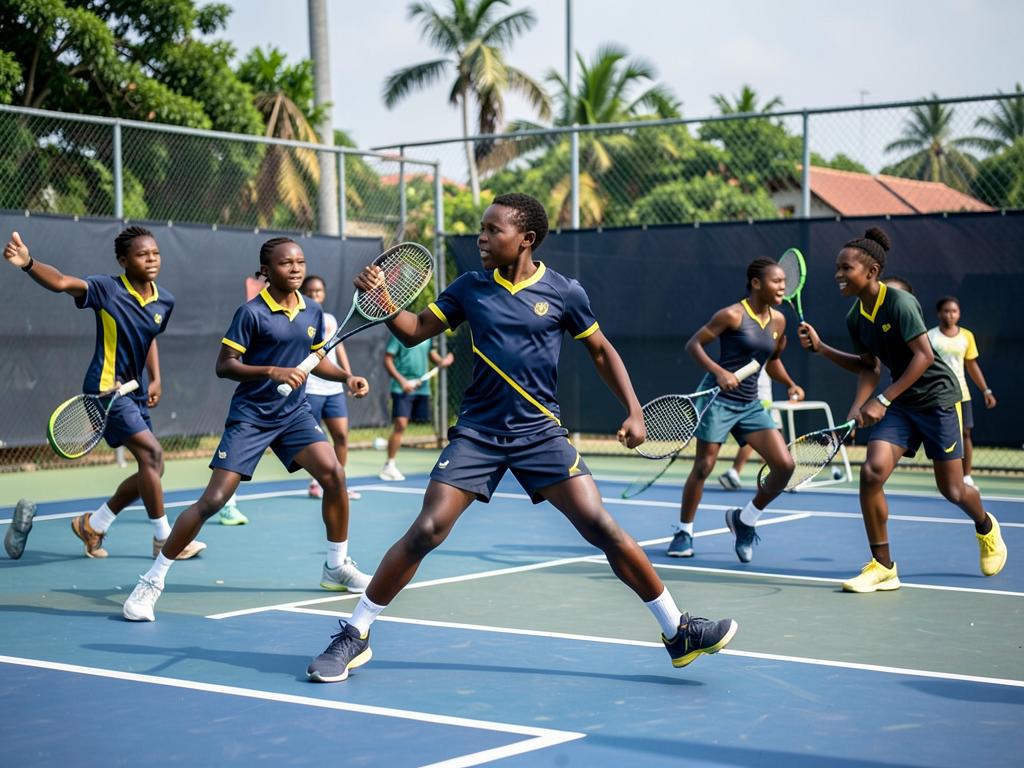 Black African junior players training on an outdoor hard court