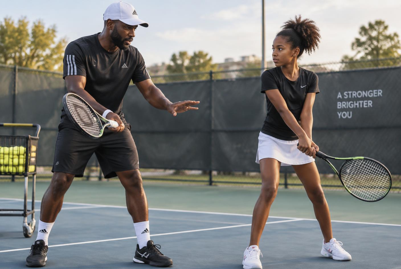 Black African tennis coach guiding a junior player in a private lesson